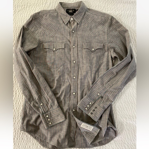 Ralph Lauren Double RL Other - RRL Ralph Lauren Pearl Snap Striped Denim Oxford Western Cut Workshirt Size L